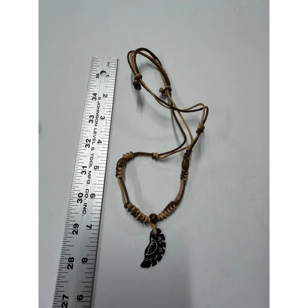Boho Carved Moon Pendant Cord Necklace Adjustable Macrame Wood Bead